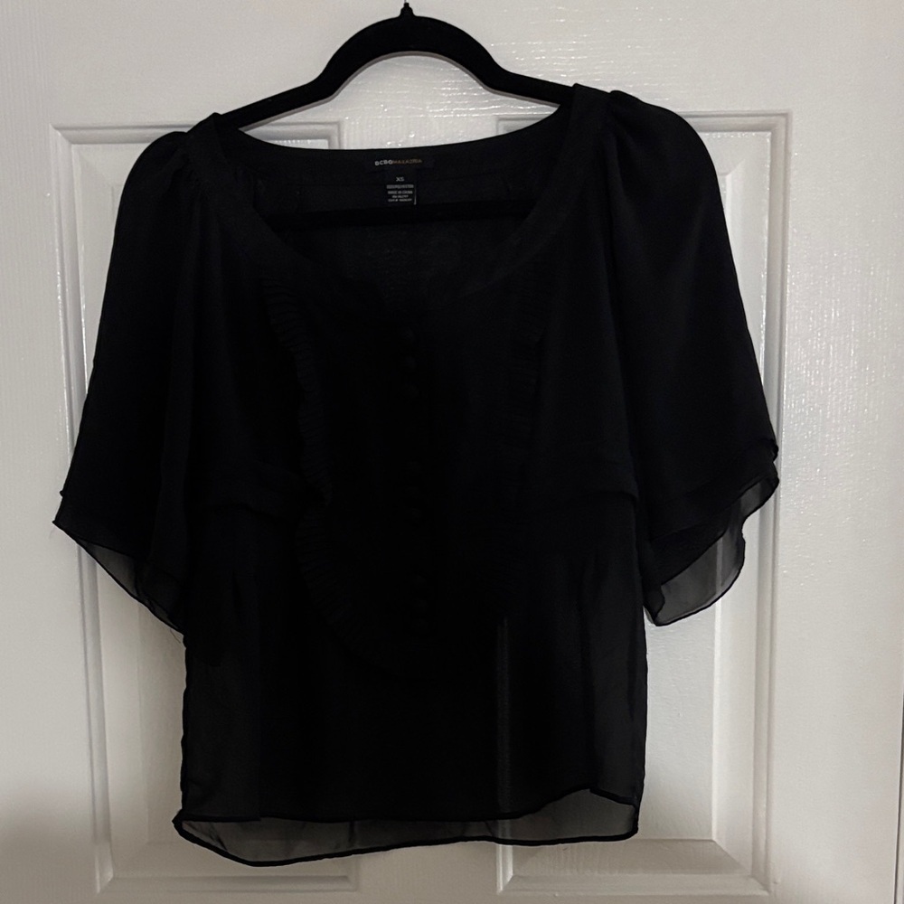 BCBGMaxAzria Black Sheer Ruffle-Front Blouse xs